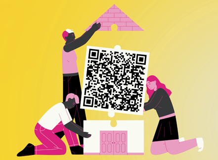 Das Blid zeigt drei personenen die bausteine aufeinander puzzlen. Ein Baustein hat einen großen QR Code. 