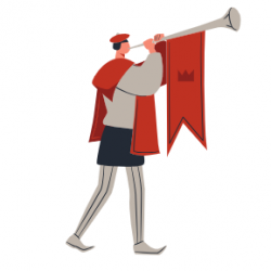 Die abbildung zeigt einen Fanfarenträger, der gerade in eine Fanfare bläst.