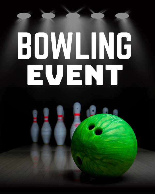 Werbefoto zeigt große grüne Bowling Kugel dahinter Bowling Pins und darüber der Name der Veranstaltung in weißen Lettern 