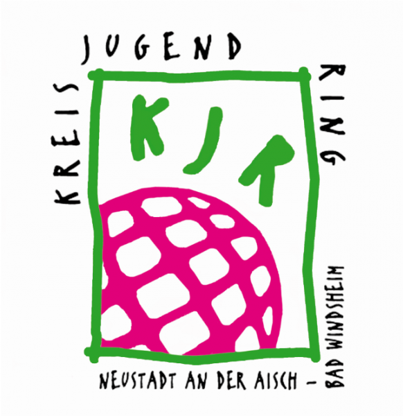 Das KJR-Logo zeigt eine abstrakte Pinke Weltkugel mit den Buchstaben KJR in grün groß darüber. Diese Kompostion ist durch einen grünen Rahmen eingefasst und ausgeschriben steht um den Rahmen herum: Kreisjugendring Neustadt an der Aisch Bad Windsheim